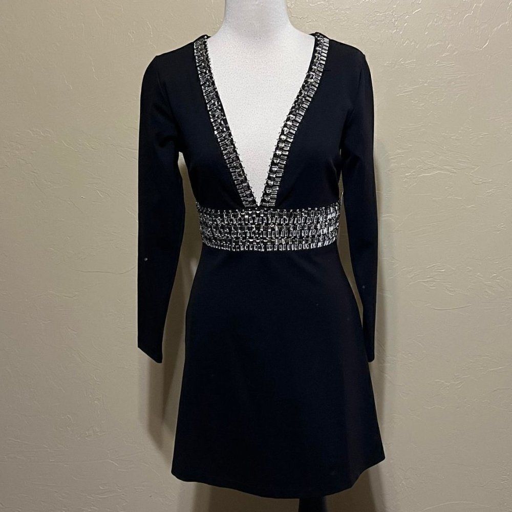 NWT Venus Sexy Long Sleeve Rhinestoned Little Black Dress Size 2